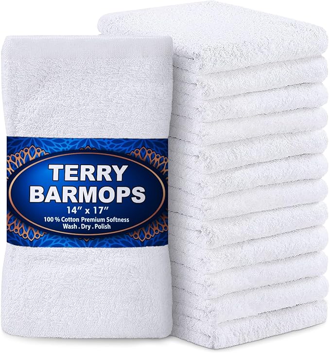 GREEN LIFESTYLE Terry Kitchen Bar Mops Kitchen Towel 12 Pack, Pure Cotton White Dish Cloths, Rags, Restaurant Cleaning Towels Ring Spun 100% Cotton, 14x17 inches