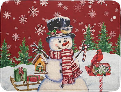 Winter Snowman Dish Drying Mat Red Bird Microfiber Dish Pad 18x24 Inch Absorbent Fast Dry Dishes Draining Mats Holiday Kitchen Accessories
