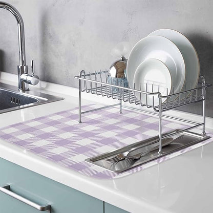 Dish Drying Mat Lavender Buffalo Check Plaid Drying Mats for Kitchen Counter Farmhouse Style Absorbent Microfiber Dish Drainer Quick Drying Coffee Mat with Hanging Loop, 18 x24 inch