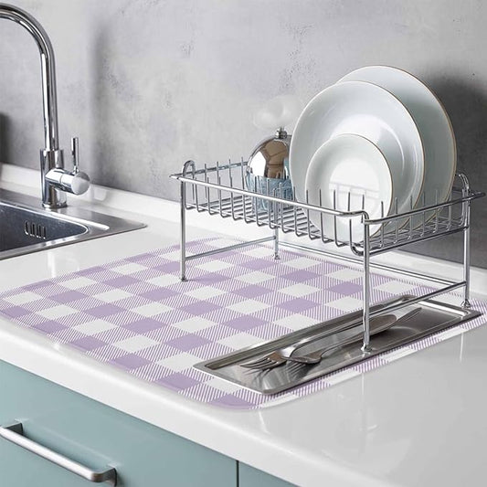 Dish Drying Mat Lavender Buffalo Check Plaid Drying Mats for Kitchen Counter Farmhouse Style Absorbent Microfiber Dish Drainer Quick Drying Coffee Mat with Hanging Loop, 18 x24 inch