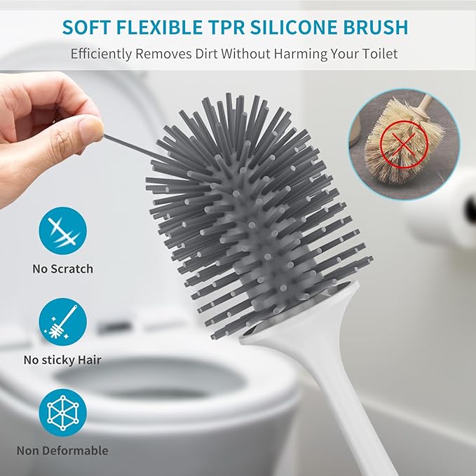 Silicone Toilet Brush and Holder Set, Toilet Bowl Brush with Tweezers Long Handle, Toilet Cleaner Brush for Bathroom Deep Cleaning, Elegant Toilet Scrubber Bathroom Accessories (Dark Gray)