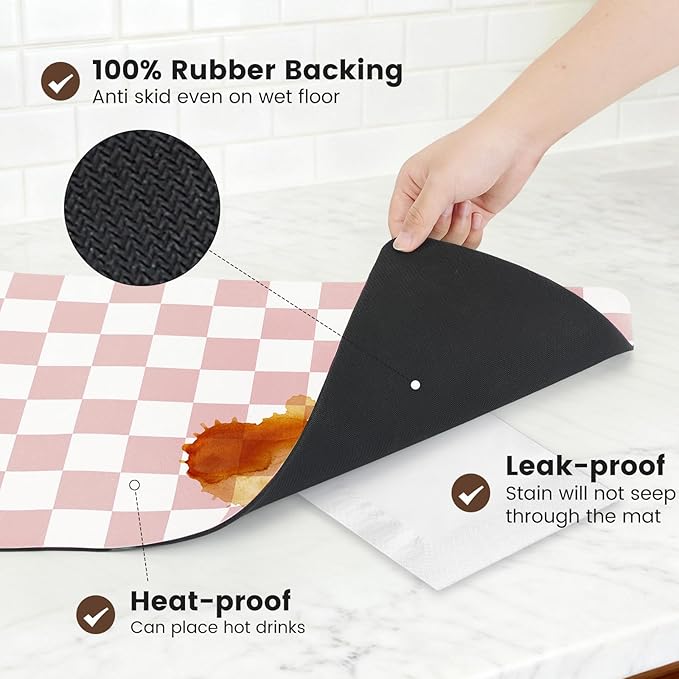 12" x 20" Checkered Dish Drying Mat for Kitchen Counter, Absorbent Coffee Bar Mat for Espresso Machine Coffee Countertops Accessories (Pink)
