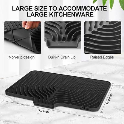 Dish Drying Mat for Kitchen Counter, with Built-in Drain Lip, Food-Grade Silicone, Easy Clean Pad for Countertop Protection, Multi-Functional Use (18x11.8, Black)