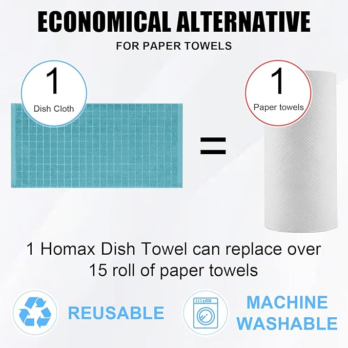 Homaxy 100% Cotton Terry Kitchen Towels(Lake Blue, 13 x 28 inches), Checkered Designed, Soft and Super Absorbent Dish Towels, 6 Pack