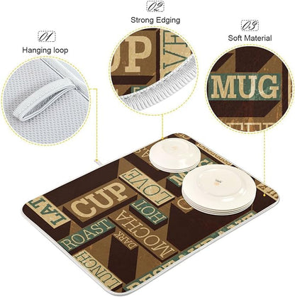 Super Absorbent Dish Drying Mat, Microfiber Fast-Drying Dish Mat, 16" x 18", Kitchen Dish Drying Pad, Coffee Themed Seamless Retro