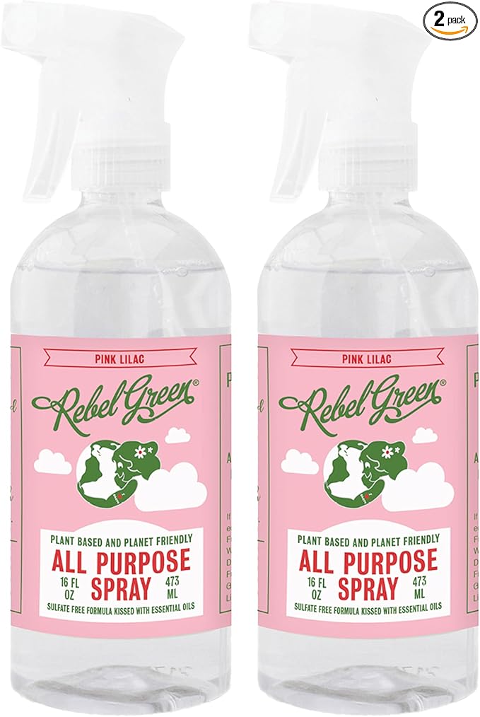Rebel Green Natural All-Purpose Cleaning Spray - Plant-Based Multi-Surface Cleaner with Essential Oils for Kitchen, Bath, Countertops and More - Pink Lilac Scent - 16 oz - 2 Pack