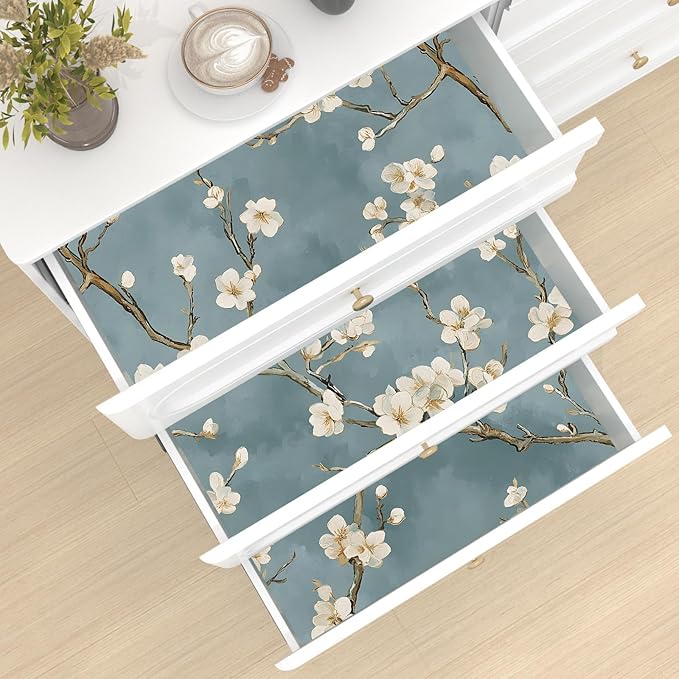 Blue Floral Wallpaper Peel and Stick Vintage White Flowers Contact Paper Vinyl Self Adhesive Removable Retro Cherry Blossom Wall Mural Wall Paper for Room Walls Shelve Cabinet Table Decor 17.5" x 118"
