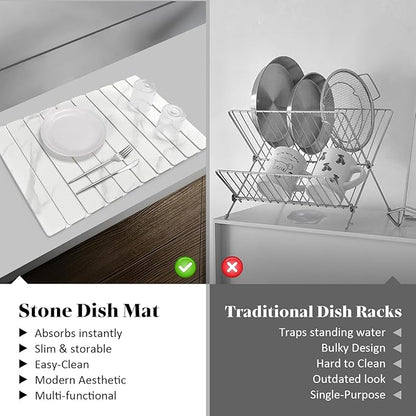 3 PCS Large Stone Dish Drying Mat for Kitchen Counter, 24"×16" Marble Absorbent Dish Drying Mat with 24"x 4" Faucet Mat for Kitchen Sink, Earth Mats for Dishes Bottles Cups, Match Any Countertop