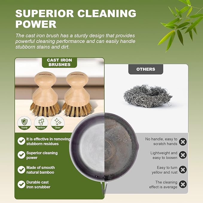 Cast Iron Brush with Brass Bristles & Natural Bamboo Handle - Heavy Duty Cast Iron Cleaner Scrubber for Woks, Griddles, BBQ Grills, Grill Pans - Effortless Cleaning & Maintenance
