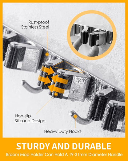 2 Pack Broom Holder Wall Mount with 13" Heavy-duty Storage Strap Kit - 5 Slots & 4 Hooks Broom Mop Holder, Heavy Duty, Stainless Steel, for Laundry Room Garage Closet Organization