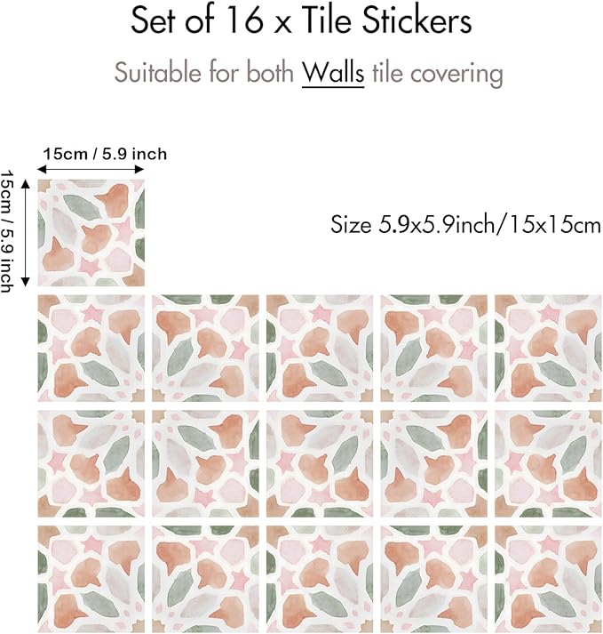 16 Pack,Self Adhesive Moroccan Tile Stickers Vinyl Wall Decals Green Peel and Stick Waterproof 5.9x5.9inch for Home Kitchen Living Room Bedroom Decor