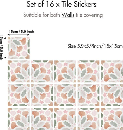 16 Pack,Self Adhesive Moroccan Tile Stickers Vinyl Wall Decals Green Peel and Stick Waterproof 5.9x5.9inch for Home Kitchen Living Room Bedroom Decor