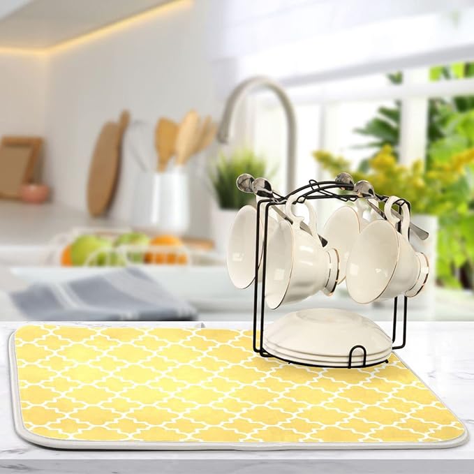 Super Absorbent Dish Drying Mat, Microfiber Fast-Drying Dish Mat, 24" x 18", Kitchen Dish Drying Pad, Quatrefoil Lattice Yellow Pattern