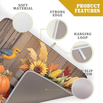 Fall Thanksgiving Dish Drying Mat for Kitchen Counter 18x24 Pumpkin Sunflower Bird Autumn Harvest Theme Absorbent Reversible Microfiber Drying Mats Kitchen Countertop Protector Dishes Drainer Pad