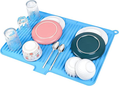 Silicone Dish Drying Mat for Kitchen Counter, Non-slip Surface and Heat-resistant Food Grade Kitchen Counter Protector with Drain Lip, Easy Clean and Storage for Multiple Usage, 23*17 inch Large Size