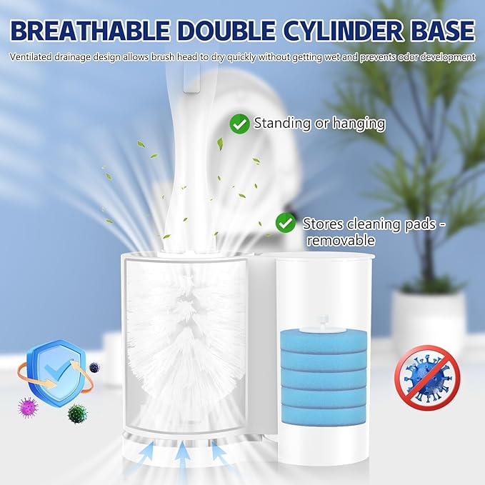 Electric Toilet Brush and Holder Set, Electric Toilet Bowl Brush, Toilet Brush Cleaner Set with 5 Refills Disposable Cleaner Brush, Floor Standing, Wall Mounted Without Drilling, Rechargeable, White