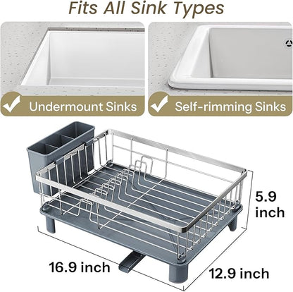SNTD Dish Drying Rack - Small Dish Rack for Kitchen Counter, Stainless Steel Dish Drainer with Utensil Holder and Drainboard, 12.9" W x 16.9" L (Silver)