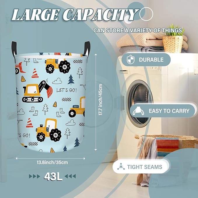 Car Laundry Basket for Boys, Construction Trucks, Construction Transports Theme Bucket, Collapsible Storage Bin with Handles for Toy, Gift for Chritsmas Thanksgiving 13.8x17.7in