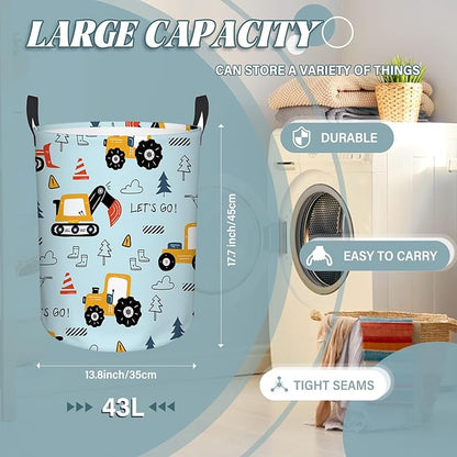 Car Laundry Basket for Boys, Construction Trucks, Construction Transports Theme Bucket, Collapsible Storage Bin with Handles for Toy, Gift for Chritsmas Thanksgiving 13.8x17.7in