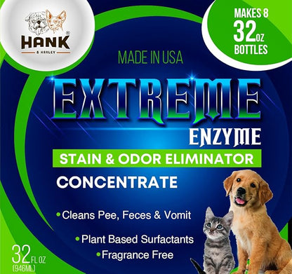 EXTREME ENZYME, PET STAIN & ODOR ELIMINATOR - Concentrate, makes 2 gallons. Triple action bio-enzymatic cleaners and plant based surfactants break down pet mess forever. FRAGRANCE FREE, makes 256 oz