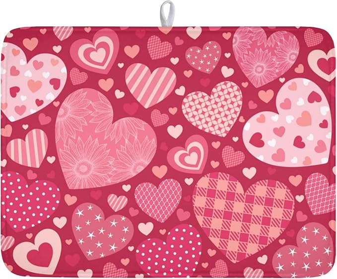 Valentine's Day Dish Drying Mat 18 x 24 Inch Heart Shaped Pattern Dish Drying Pad Absorbent Microfiber Mats for Red Dish Rack Pad for Kitchen Counter Coffee Bar Decor