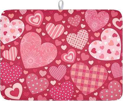 Valentine's Day Dish Drying Mat 18 x 24 Inch Heart Shaped Pattern Dish Drying Pad Absorbent Microfiber Mats for Red Dish Rack Pad for Kitchen Counter Coffee Bar Decor