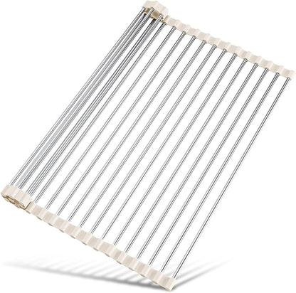 Tomorotec 17.7" x 15.5" Roll Up Dish Drying Rack Over Sink Drying Rack Sink Cover Kitchen Sink Accessories Gadget Multipurpose Organizer Foldable Stainless Steel Drainer