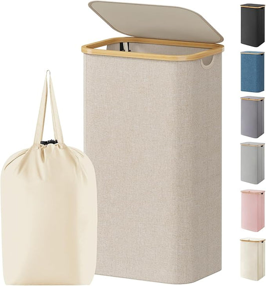 Lifewit 110L Laundry Basket with Lid, Clothes Hampers for Laundry with Bamboo Handles and 1 Removable Bag, Large Foldable Laundry Hamper for Bedroom, Bathroom, Dorm, Laundry Room, Beige
