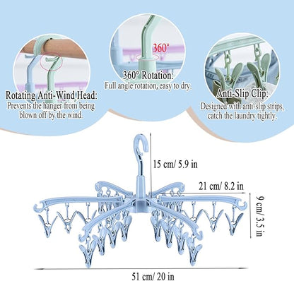 2 PCS Foldable Drying Rack with 24 Clips for Drying Socks Lingerie Baby Clothes Drying Towels Rotatable Sock Drying Rack (Blue)