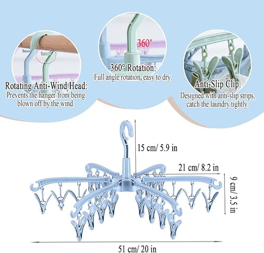 2 PCS Foldable Drying Rack with 24 Clips for Drying Socks Lingerie Baby Clothes Drying Towels Rotatable Sock Drying Rack (Blue)