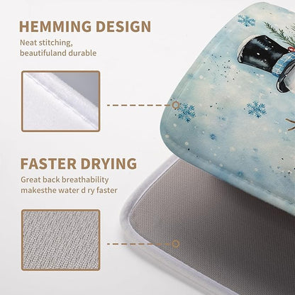 Blue Snowman Snowflake Christmas Dish Drying Rack - 16x18 Inch Absorbent Microfiber Mat for Home Coffee Bar