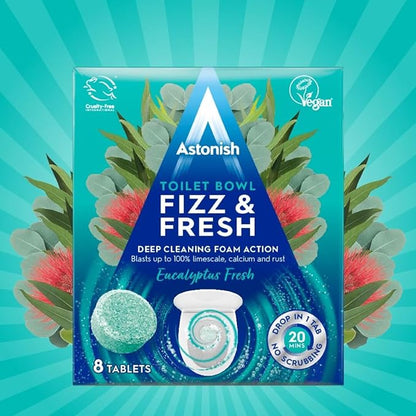 Astonish Foaming Eucalyptus Toilet Bowl Cleaner - Deep Cleaning Limescale, Calcium & Rust - No Bottle, Removes Hard Stains - Box of 8 Tablets