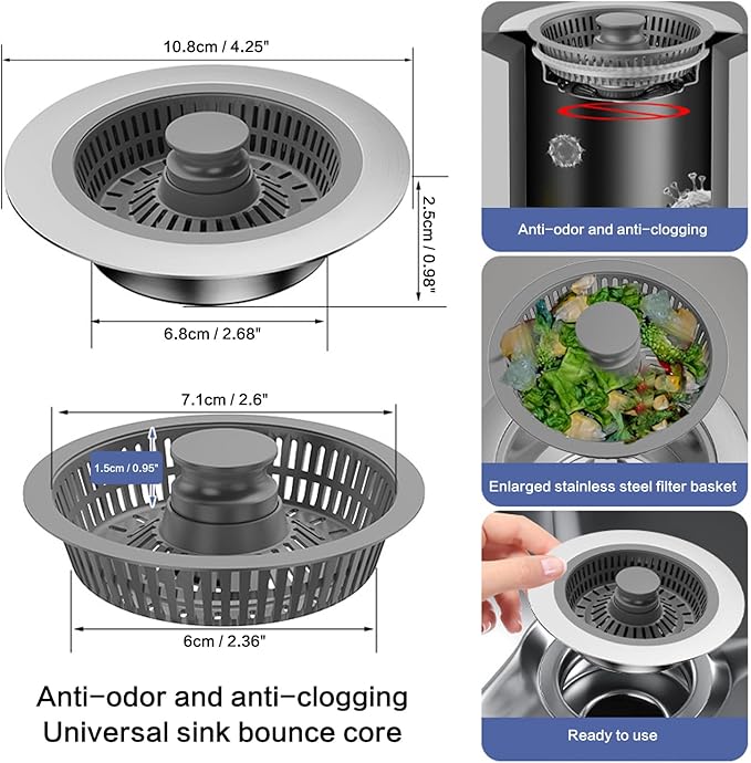 Kitchen Sink Drain Strainer,3 in 1 Pop Up Strainer Stopper,Stainless Steel Anti-Clogging Sink Drain Strainer,Suitable for US Standard 3-1/2 Inch Kitchen Sink Drain Strainer