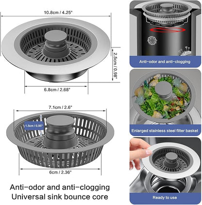 Kitchen Sink Drain Strainer,3 in 1 Pop Up Strainer Stopper,Stainless Steel Anti-Clogging Sink Drain Strainer,Suitable for US Standard 3-1/2 Inch Kitchen Sink Drain Strainer