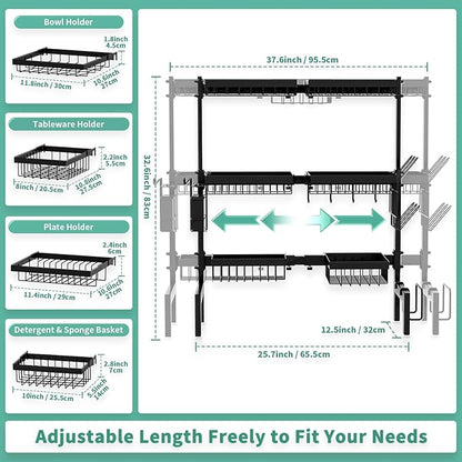 Over The Sink Dish Drying Rack,Expandable Length 3-Tier Large Stainless Steel Over The Sink Dish Rack with 6 Baskets, Utensil Holder Dish Drainers for Kitchen Counter