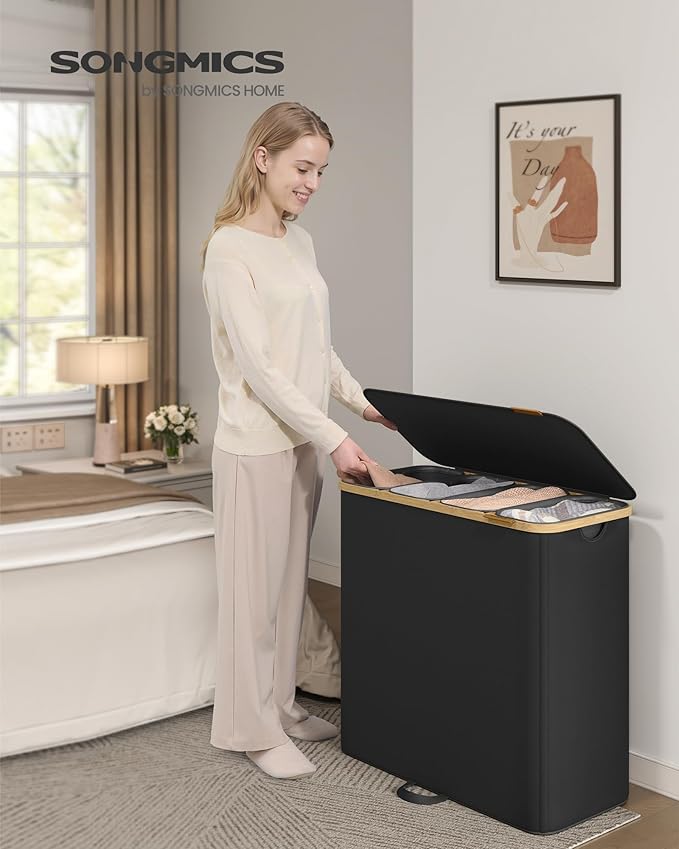 SONGMICS Laundry Hamper, Laundry Sorter with Lid, Storage Basket Bin, Removable Liners, Bamboo Frame, for Bedroom, 4 Sections, 59.4 Gallon (225 L), Ink Black ULCB534BH01