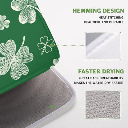 St Patrick's Day Dish Drying Mat 16 x 18 Inch Green Shamrock Dish Drainer Rack Mat Absorbent Microfiber Mats for Spring Lucky Clovers Dish Pad for Kitchen Coffee Bar Decor
