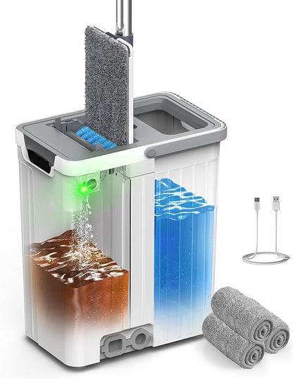 Mop and Bucket Set with AUTO Pump, 3-Zone Separate Dirty and Clean Water, Flat Mop and Bucket System with Wringer and Wheels, 3 Reusable Microfiber Pads, One-Touch Water Filling for Home Cleaning