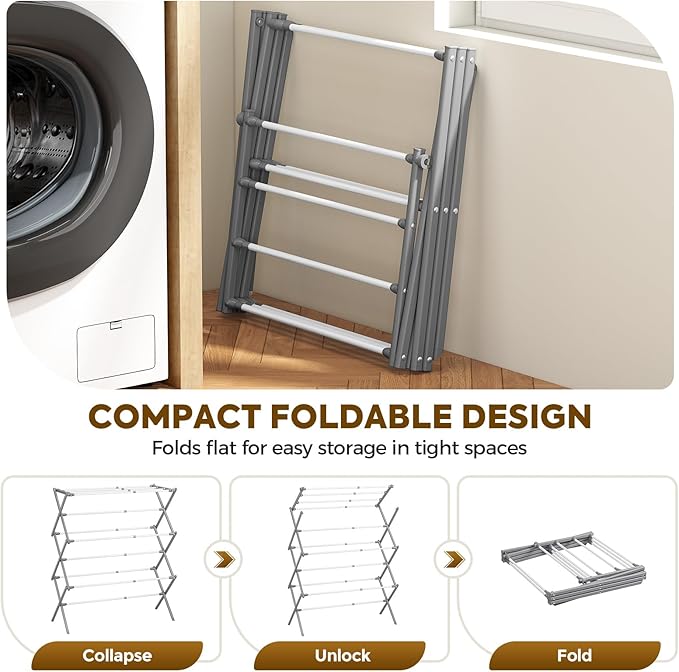 KINGBOARD Clothes Drying Rack, Collapsible Drying Rack Clothing with 11 Poles, 3-Tier Laundry Drying Rack, Small Clothes Drying Rack Foldable for Baby Clothes, 25lb Capacity, Grey