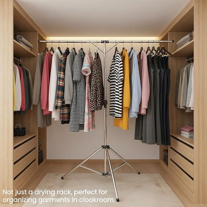 Foldable Portable Space Saving Clothes Drying Rack, Heavy Duty Stainless Steel Laundry Drying Racks, Adjustable High Capacity Garment Rack, with Windproof Hooks.