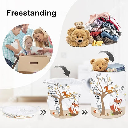 Forest Animals Laundry Hamper Woodland Tree Large Storage Basket Parents Organizer Kids Clothes Toy Bins for Bedroom, Bathroom, Fox, 63L