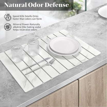 2 PCS Large Stone Dish Drying Mats for Kitchen Counter, 24"(L)×16"(W) Marble-Pattern Dish Drying Mat with 8"x 4" Coasters, Eco-Friendly Diatomite Dish Drying Mat - Fits All Countertops