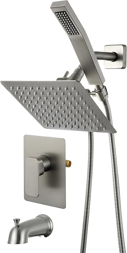 All Metal Shower Faucet Set, Dual Square Shower Head System with Handheld Wand, Diverter, Hose Complete Combo, Pressure Balance Rough-in Valve and Tub Spout Included (Brushed Nickel)
