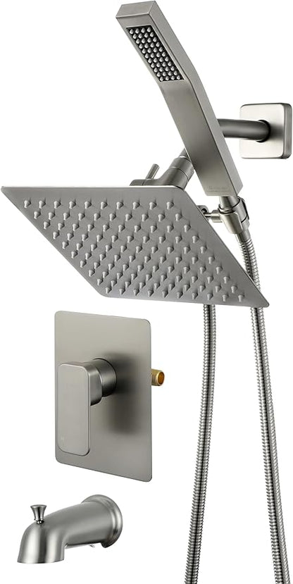 All Metal Shower Faucet Set, Dual Square Shower Head System with Handheld Wand, Diverter, Hose Complete Combo, Pressure Balance Rough-in Valve and Tub Spout Included (Brushed Nickel)