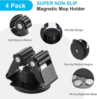 4PCS Magnetic Mop Broom Holder – Heavy Duty, Anti-Slip Wall Mount with Adjustable Gripper for Garage, Kitchen, Laundry & Garden Organization