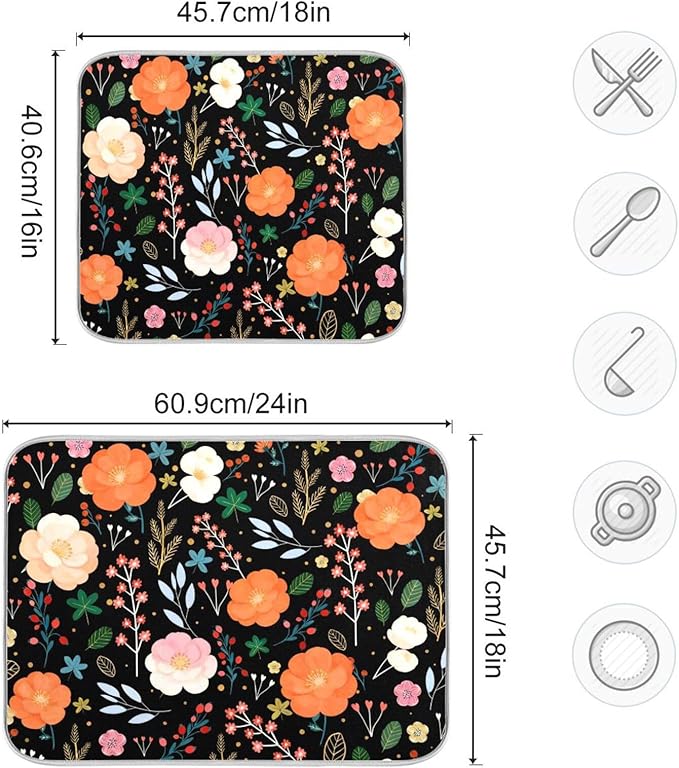 Large Drying Matt for Kitchen Counter Colorful Flowers Microfiber Dish Drying Pad for Dishes Sink Countertop 18'' x 24''