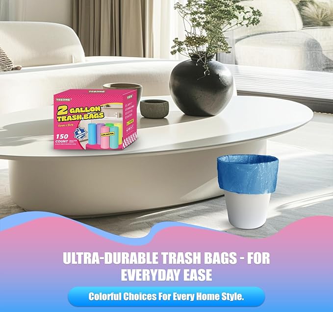 Mini Trash Bags 2 Gallon - 150 Count Small Garbage Bags Unscented,7.5 Liter Colored Plastic Trash Can Liners,Thick Waste Basket Liners for Bathroom Home and Office