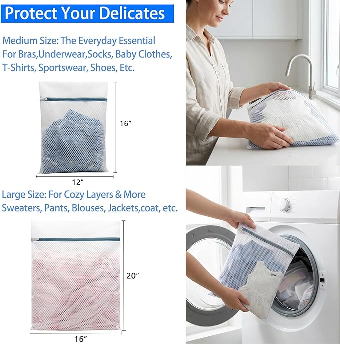 4Pcs Mesh Laundry Bags Delicates Lingerie Wash Bags for Washing Machine & Washer (2 Medium 12 x 16 Inches & 2 Large 16 x 20 Inches)