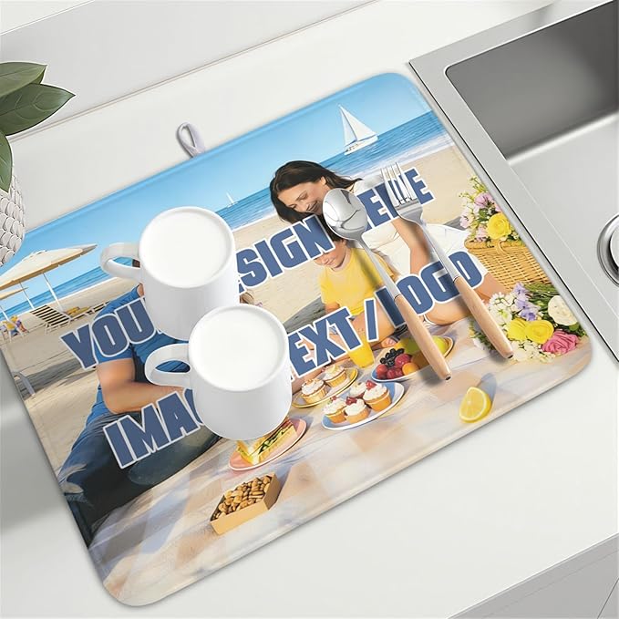 Custom Dish Drying Mat for Kitchen Counter Design Your Photo Text Business Logo 18 x 24 Inch Dish Drainer Mat Absorbent Microfiber for Coffee Bar Kitchen Dining Counter Decor