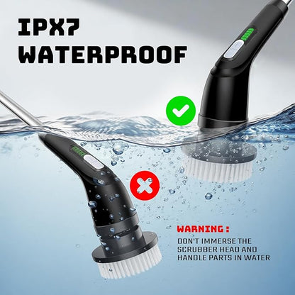 Electric Spin Scrubber, Powerful 2-Speed Cleaning Brush, IPX7 Waterproof with 7 Reusable Brush Heads & Extendable Handle, for Bathroom Toilet Shower Kitchen Wall Tile Floor Grout (Black)